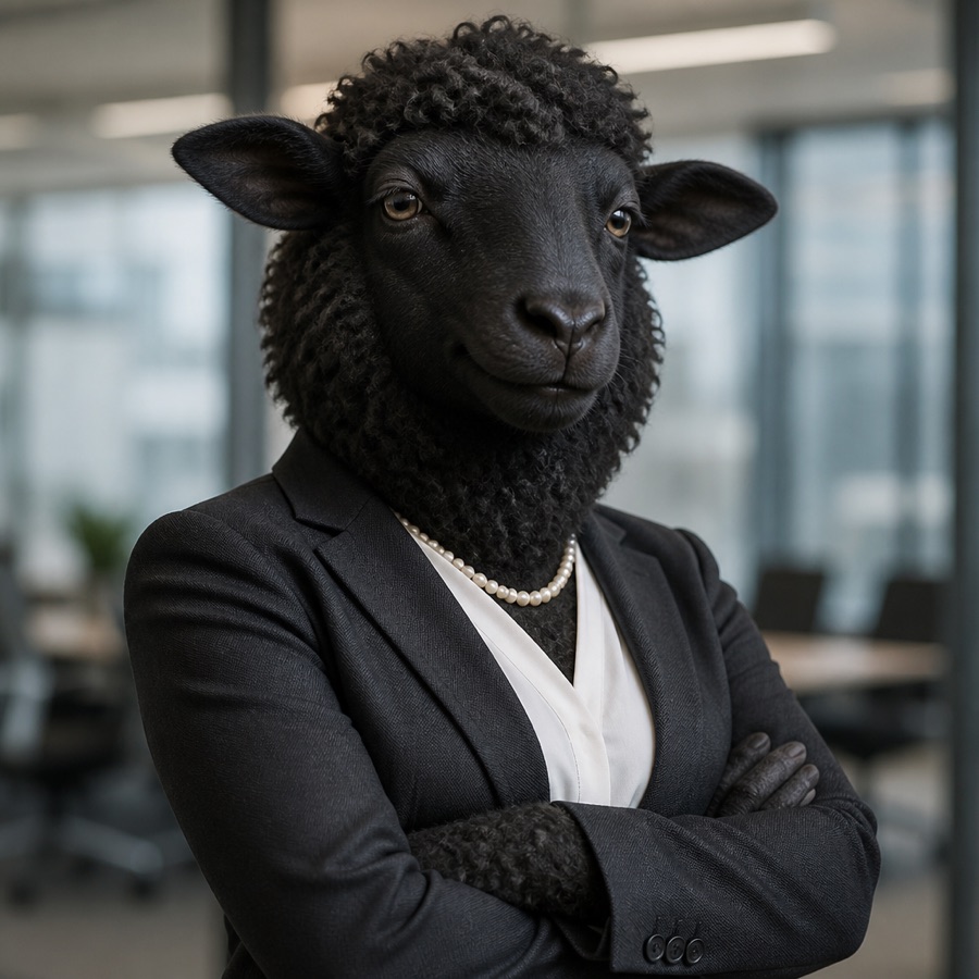 Barbara Blacksheep, a black sheep in a charcoal blazer and pearls, arms crossed